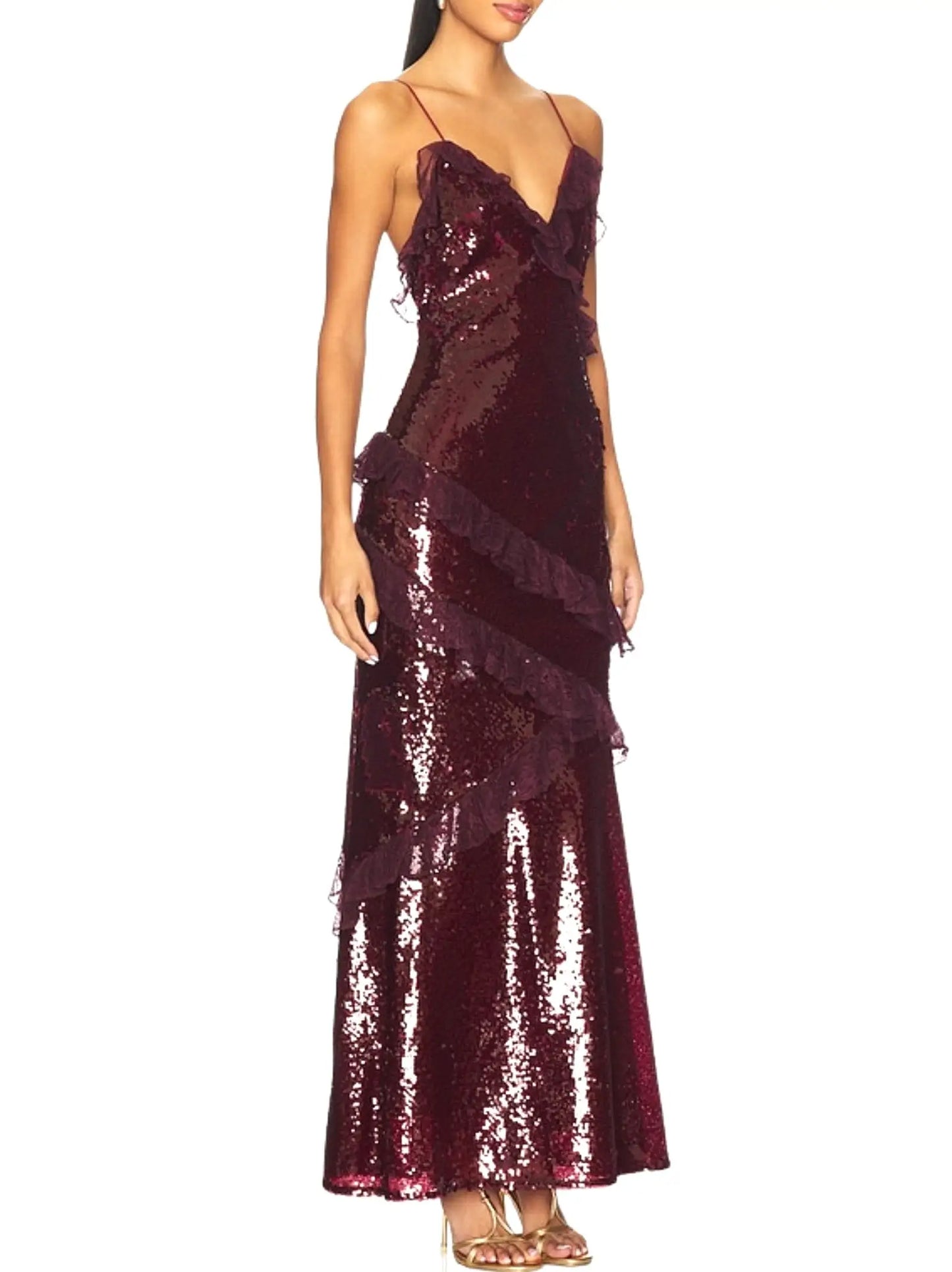 Sequin Maxi Dress with Lace Ruffle Detail - Dresses
