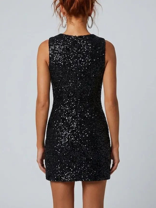 Sequin Mini Dress with Rhinestone Grapevine Motif - Dresses