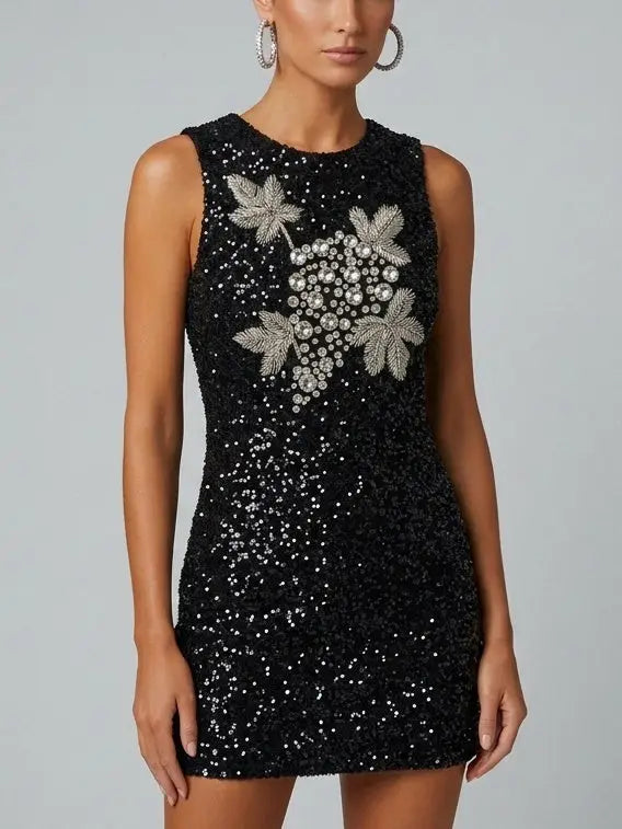 Sequin Mini Dress with Rhinestone Grapevine Motif - Dresses