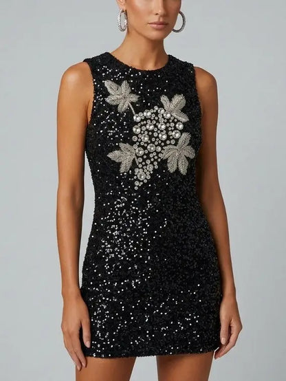 Sequin Mini Dress with Rhinestone Grapevine Motif - Dresses