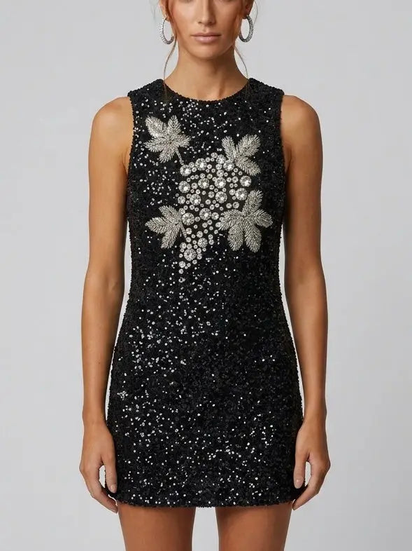 Sequin Mini Dress with Rhinestone Grapevine Motif - Dresses