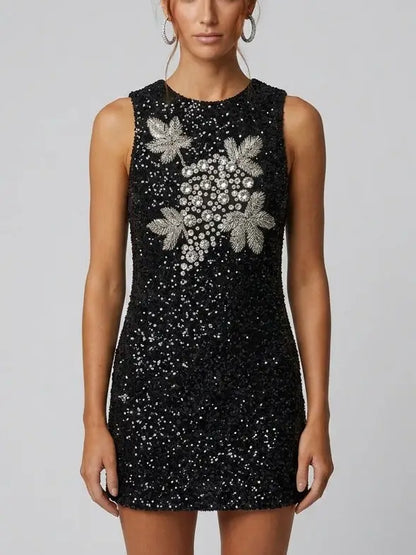 Sequin Mini Dress with Rhinestone Grapevine Motif - Dresses