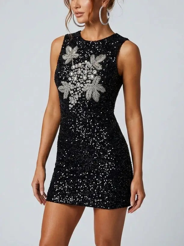 Sequin Mini Dress with Rhinestone Grapevine Motif - Dresses