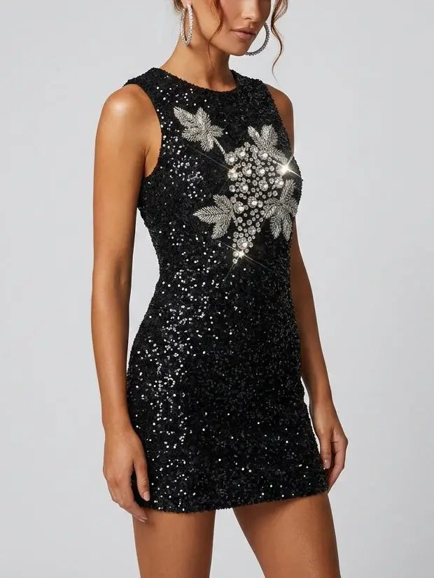 Sequin Mini Dress with Rhinestone Grapevine Motif - Dresses