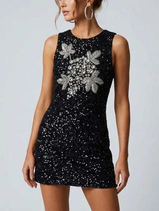 Sequin Mini Dress with Rhinestone Grapevine Motif - Dresses