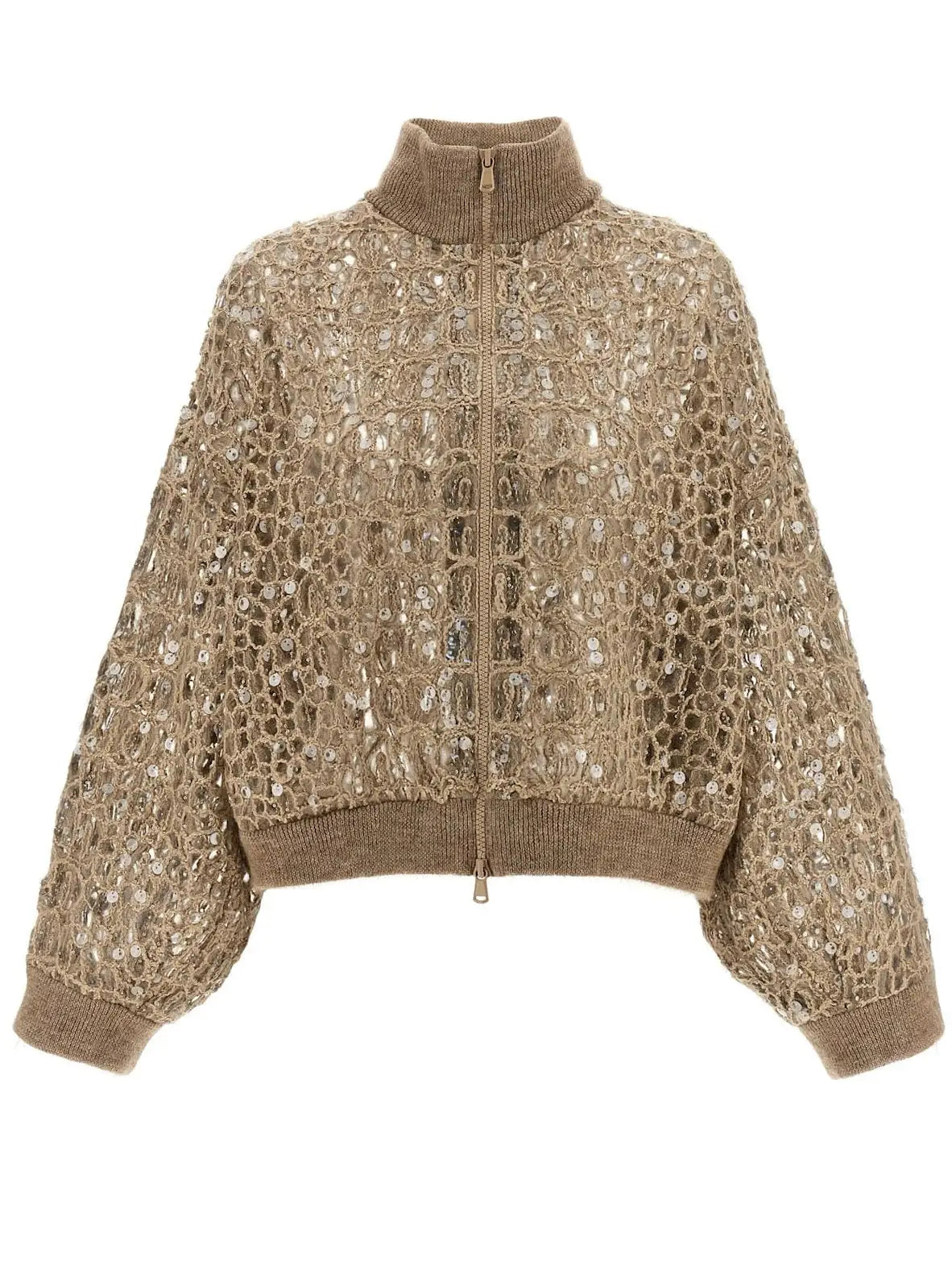 Sequin Open-Knit Cardigan Sweater - Small / Khaki Beige - Sweaters & Knitwear
