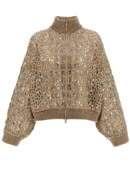 Sequin Open-Knit Cardigan Sweater - Small / Khaki Beige - Sweaters & Knitwear