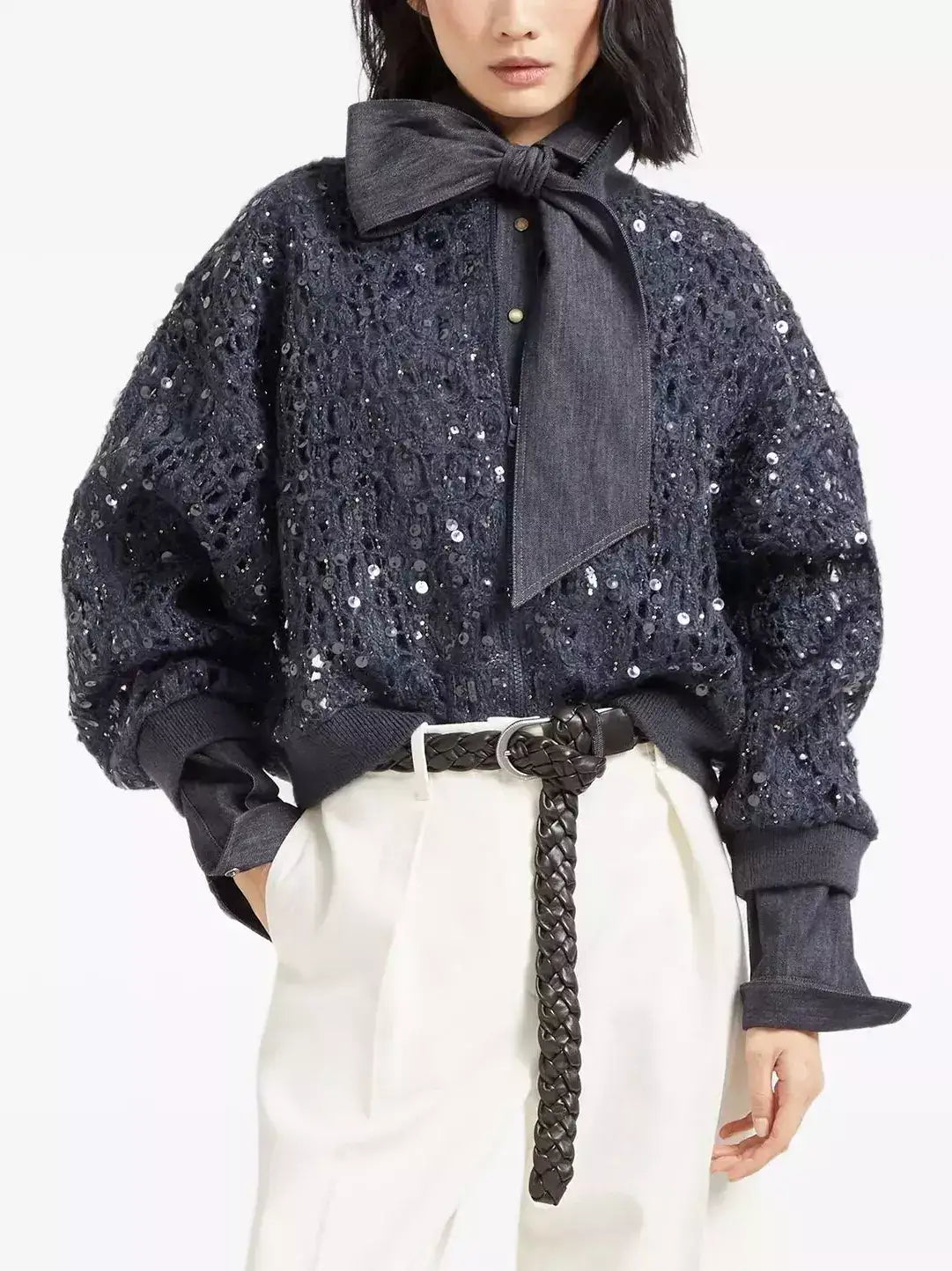 Sequin Open-Knit Cardigan Sweater - Sweaters & Knitwear