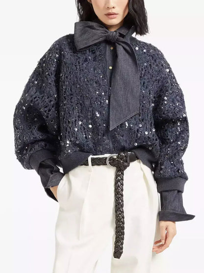Sequin Open-Knit Cardigan Sweater - Sweaters & Knitwear