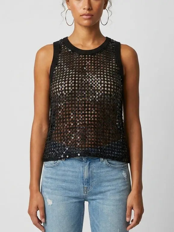 Sequin Open-Knit Tank Top - Small / Navy - Tops