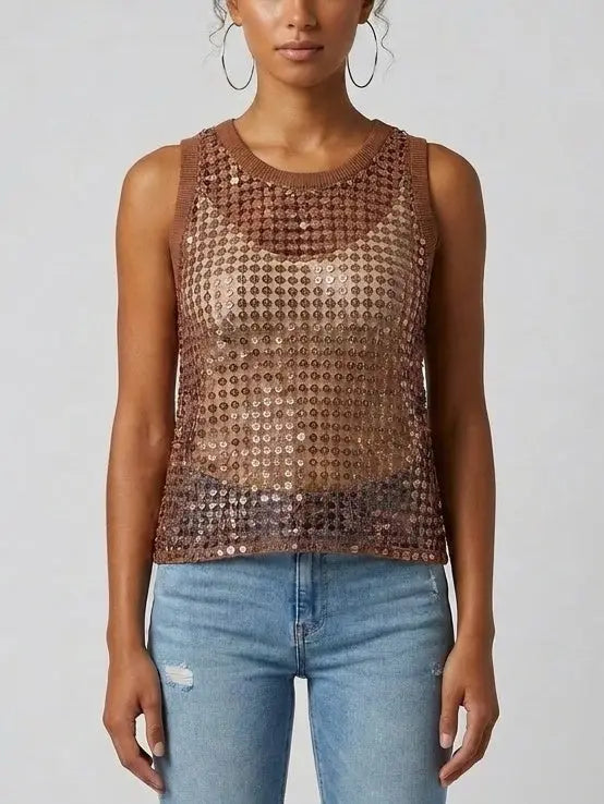 Sequin Open-Knit Tank Top - Tops