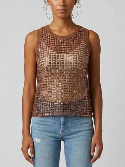 Sequin Open-Knit Tank Top - Tops