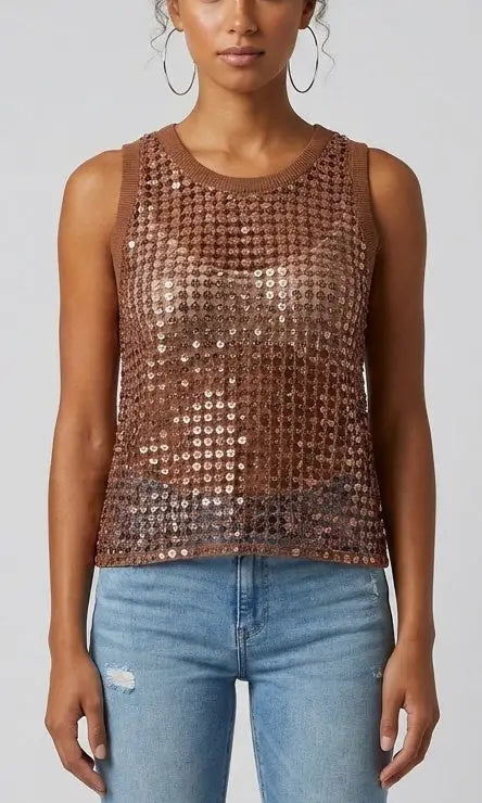 Sequin Open-Knit Tank Top - Small / Copper Brown - Tops