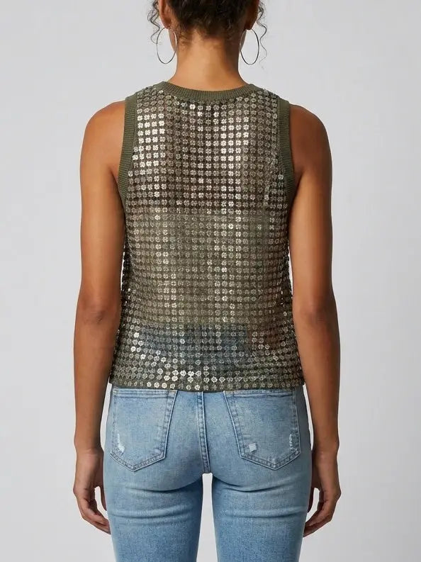 Sequin Open-Knit Tank Top - Tops