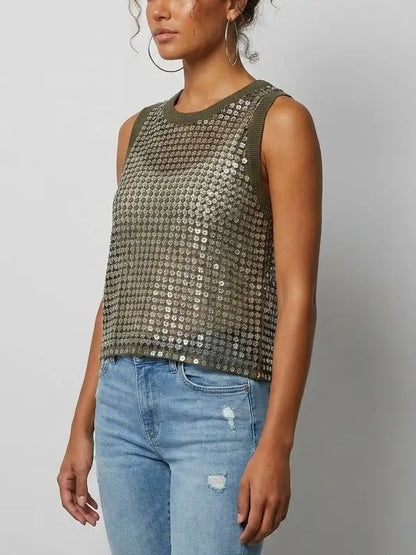 Sequin Open-Knit Tank Top - Tops