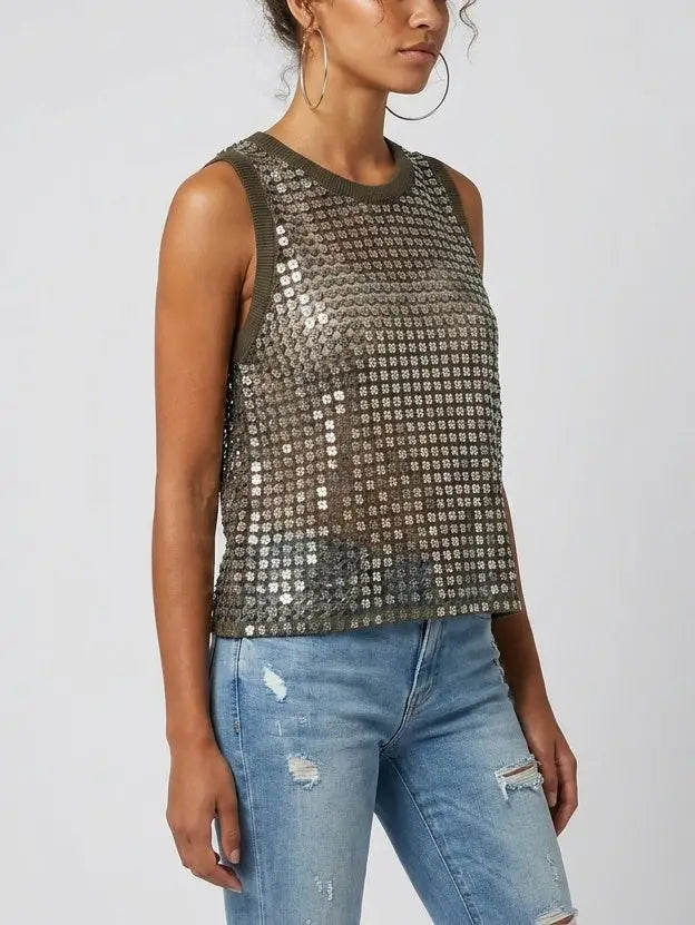 Sequin Open-Knit Tank Top - Tops