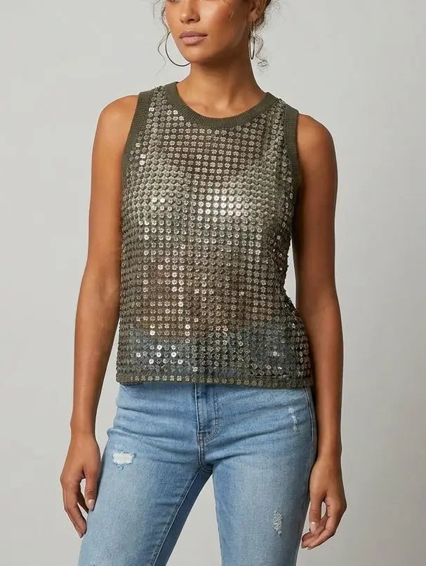 Sequin Open-Knit Tank Top - Tops