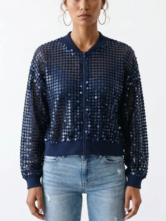 Sequin Open Knit Zip Front Linen Blend Cardigan - Small / Navy - Sweaters & Knitwear