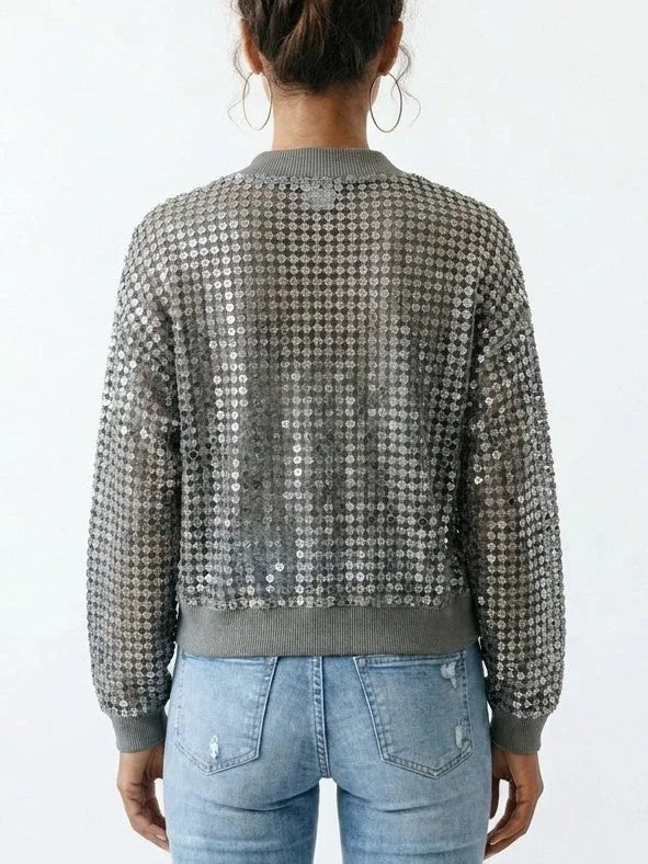 Sequin Open Knit Zip Front Linen Blend Cardigan - Sweaters & Knitwear