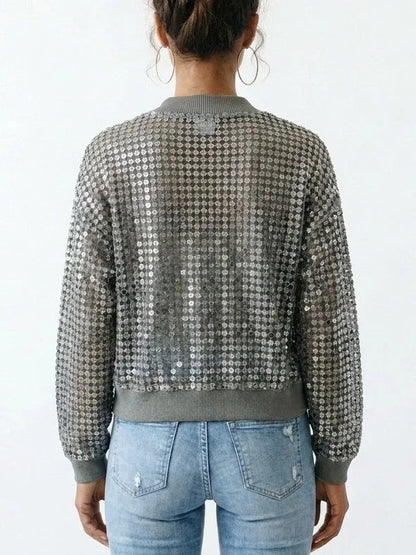 Sequin Open Knit Zip Front Linen Blend Cardigan - Sweaters & Knitwear