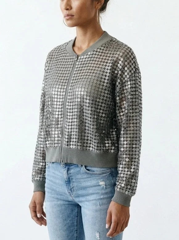 Sequin Open Knit Zip Front Linen Blend Cardigan - Sweaters & Knitwear