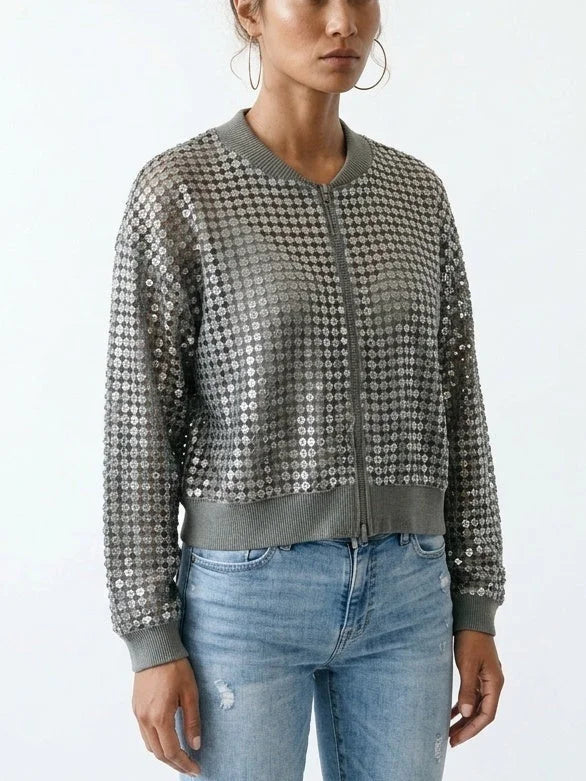 Sequin Open Knit Zip Front Linen Blend Cardigan - Sweaters & Knitwear