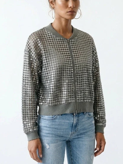 Sequin Open Knit Zip Front Linen Blend Cardigan - Sweaters & Knitwear