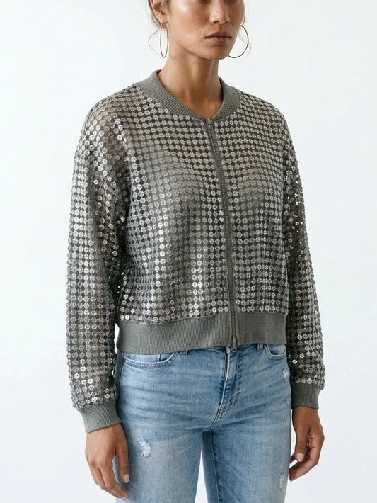 Sequin Open Knit Zip Front Linen Blend Cardigan - Sweaters & Knitwear