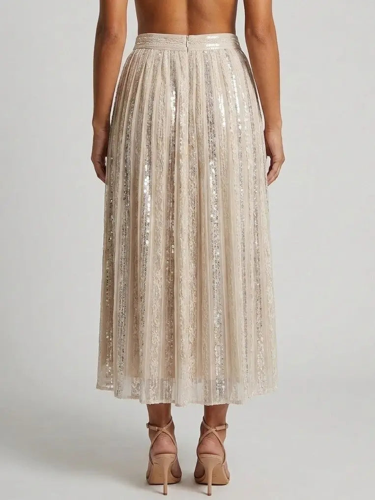 Sequin Paneled Pleated Midi Skirt - Skirts