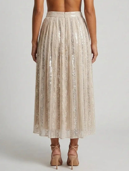 Sequin Paneled Pleated Midi Skirt - Skirts