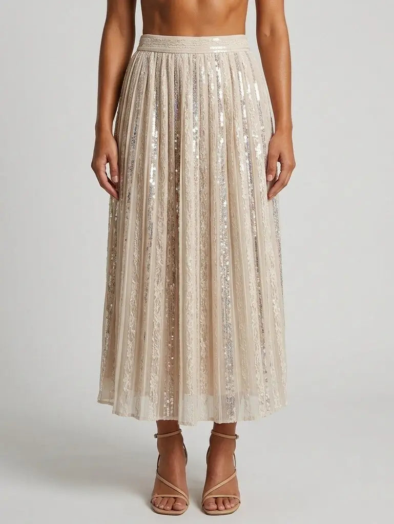 Sequin Paneled Pleated Midi Skirt - Skirts