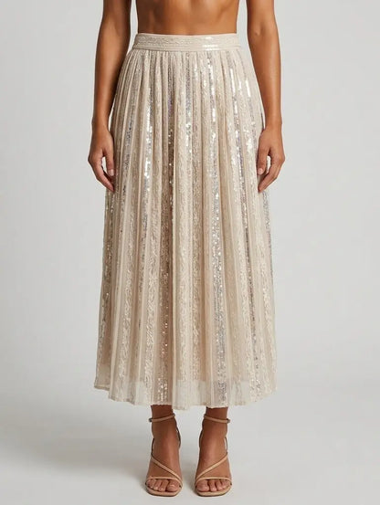 Sequin Paneled Pleated Midi Skirt - Skirts