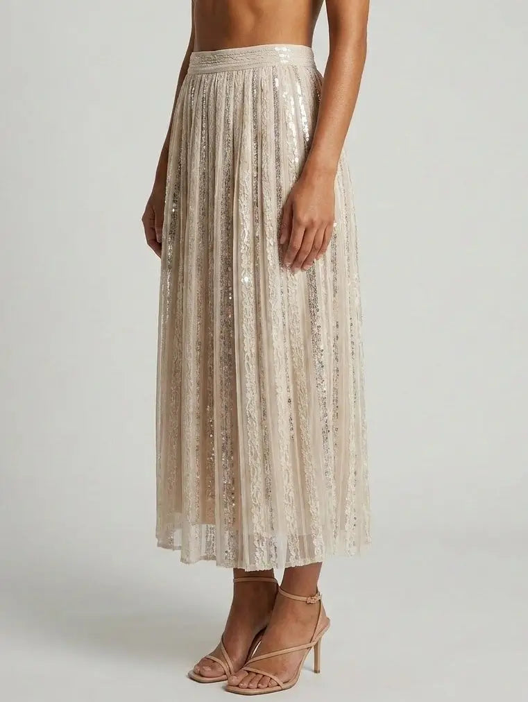 Sequin Paneled Pleated Midi Skirt - Skirts
