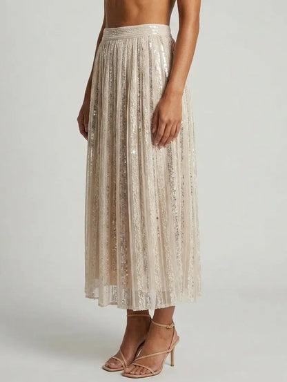 Sequin Paneled Pleated Midi Skirt - Skirts