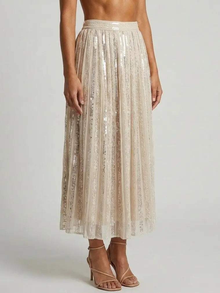 Sequin Paneled Pleated Midi Skirt - Skirts