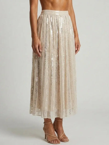Sequin Paneled Pleated Midi Skirt - Skirts