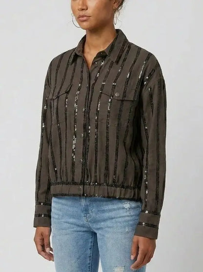 Sequin Stripe Snap Button Utility Shirt - Tops