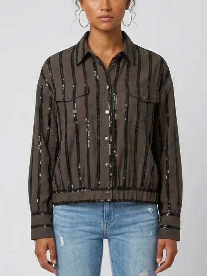 Sequin Stripe Snap Button Utility Shirt - Tops