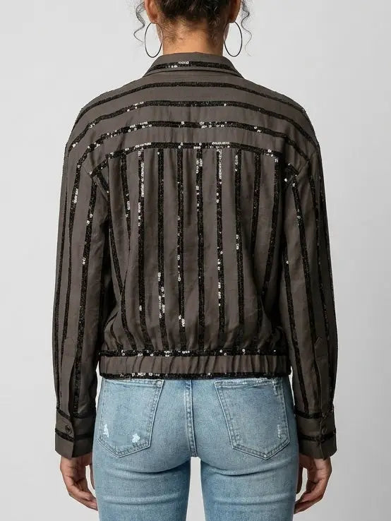 Sequin Stripe Snap Button Utility Shirt - Tops