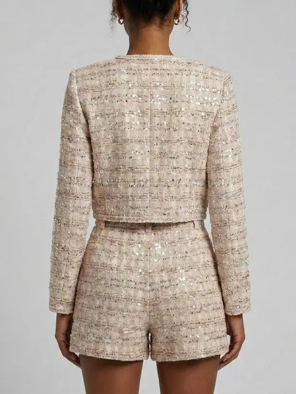 Sequin Tweed Cropped Jacket and Shorts Set - Suits & Sets