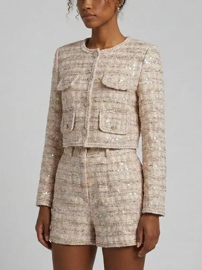 Sequin Tweed Cropped Jacket and Shorts Set - Suits & Sets