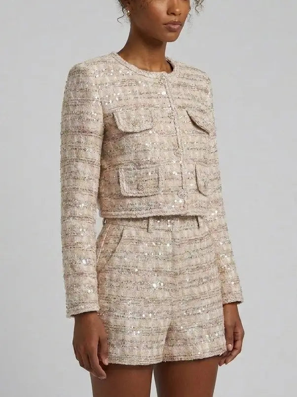 Sequin Tweed Cropped Jacket and Shorts Set - Suits & Sets