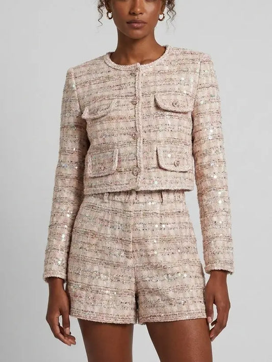 Sequin Tweed Cropped Jacket and Shorts Set - Suits & Sets