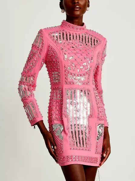 Women’s Sequin and Bead-Embellished Hot Pink Mini Dress Branna Couture