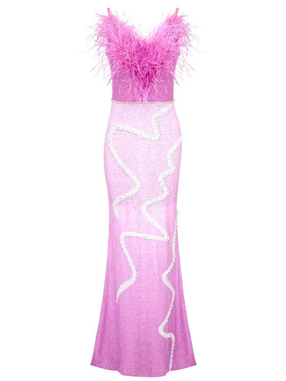 Sequin and Beaded Embellished Feather Gown Branna Couture