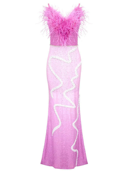 Sequin and Beaded Embellished Feather Gown Branna Couture