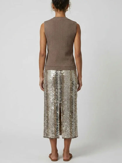 Sequin knit Stripe Vest and Skirt Set - Suits & Sets