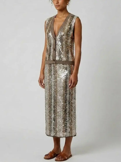 Sequin knit Stripe Vest and Skirt Set - Suits & Sets