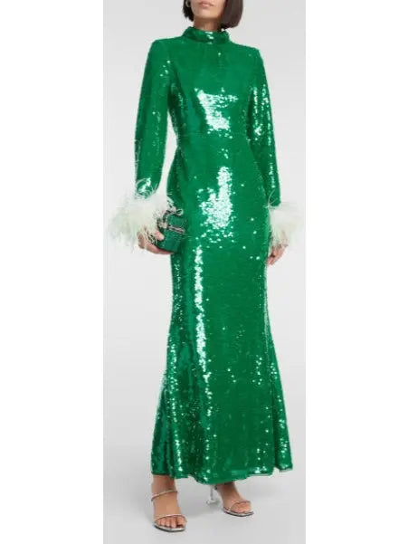 Sequined Feather-Trimmed Gown, Green - Branna Couture