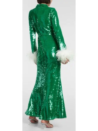 Sequined Feather-Trimmed Gown, Green - Branna Couture